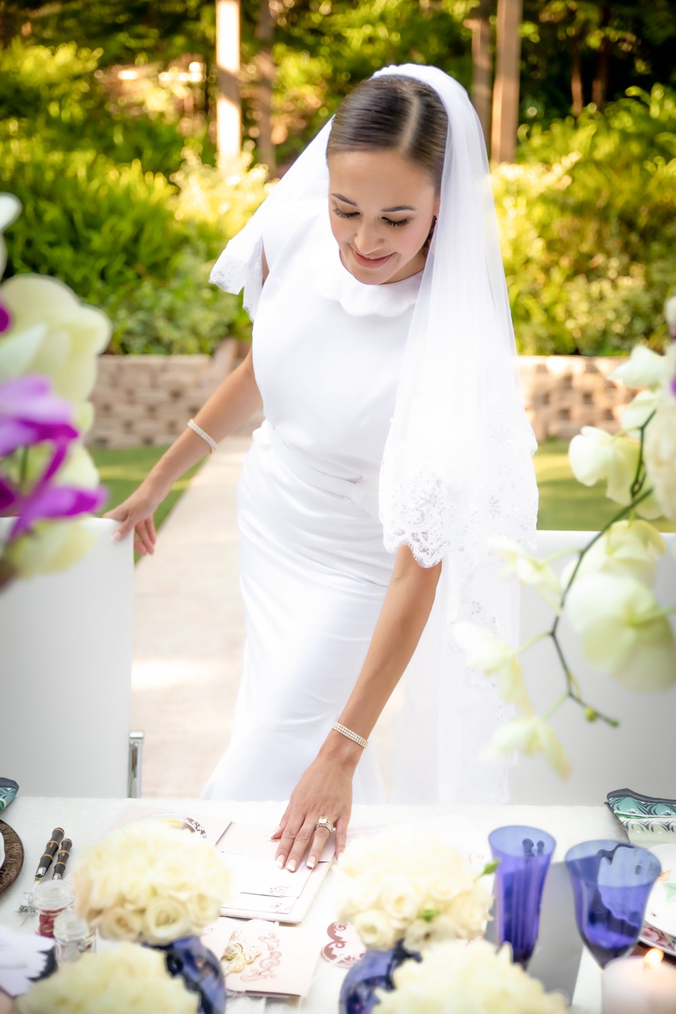 Elegant Scalloped Collar Neckline, Scalloped belt, Satin covered buttons down the back in White Satin--Fitted with a Mermaid Flair Hemline...