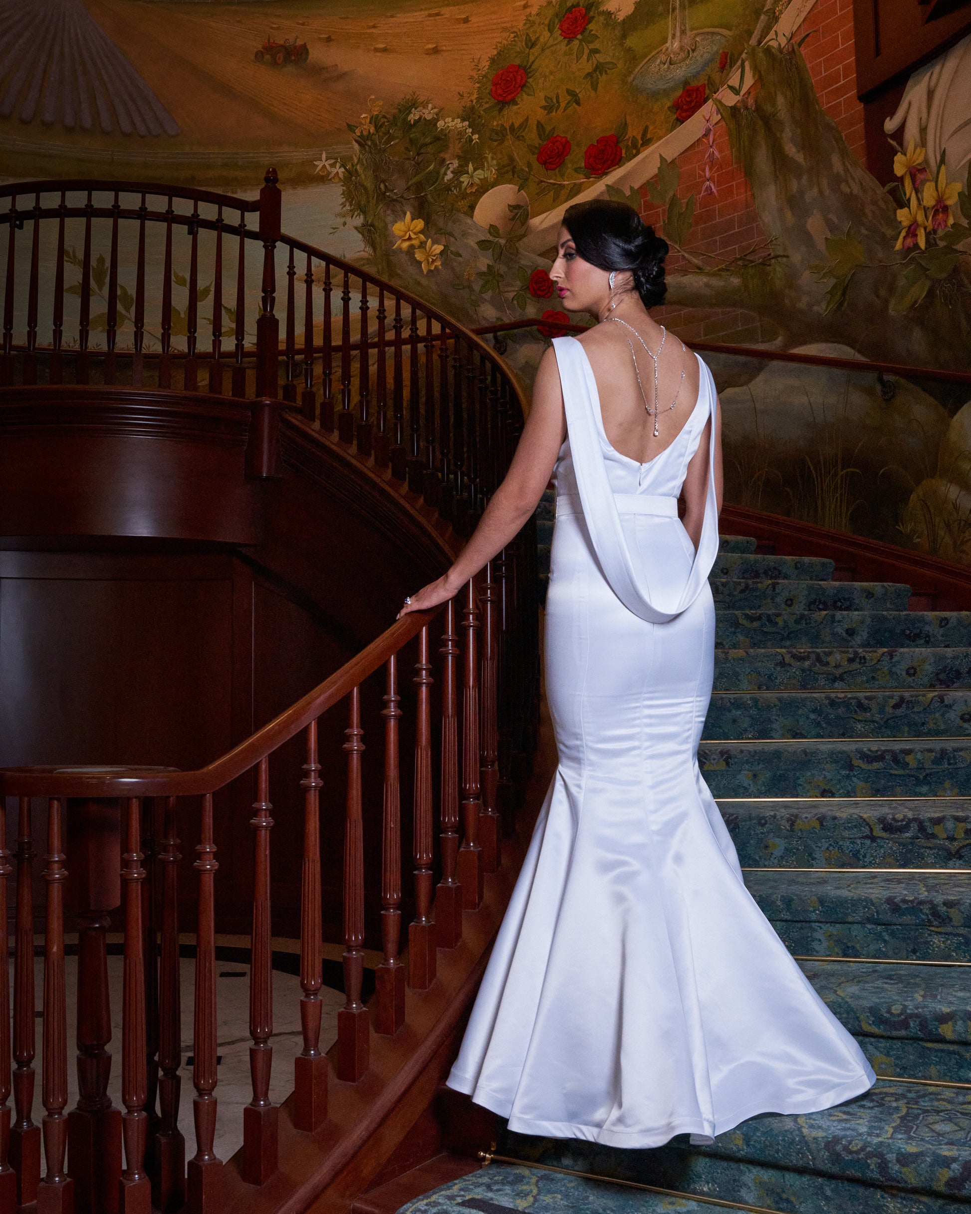 boat neck white satin gown/wedding dress by Gacitua Bridal