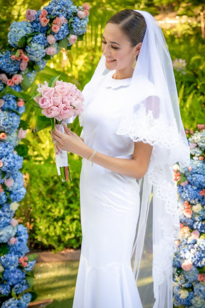 Elegant Scalloped Collar Neckline, Scalloped belt, Satin covered buttons down the back in White Satin--Fitted&nbsp; with a Mermaid Flair Hemline...
