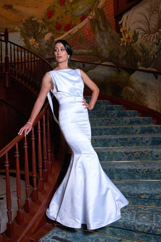 boat neck white satin gown/wedding dress by Gacitua Bridal