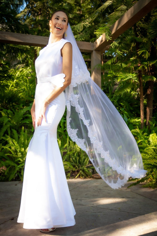 Elegant Scalloped Collar Neckline, Scalloped belt, Satin covered buttons down the back in White Satin--Fitted&nbsp; with a Mermaid Flair Hemline...