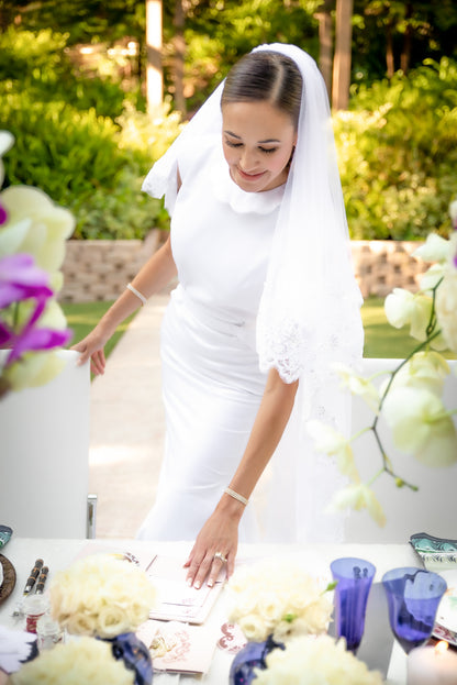 Elegant Scalloped Collar Neckline, Scalloped belt, Satin covered buttons down the back in White Satin--Fitted&nbsp; with a Mermaid Flair Hemline...